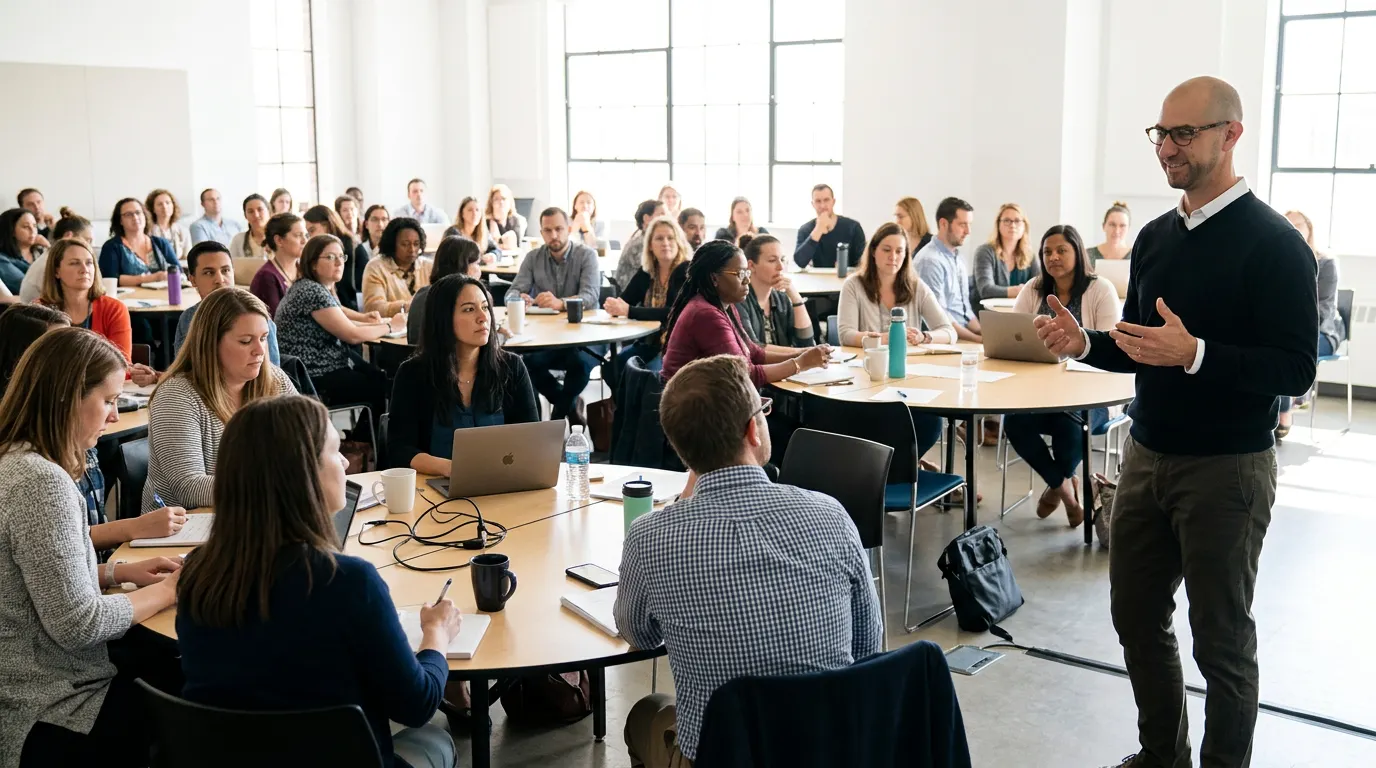 AI-created illustration of Adam speaking to teachers at an in-person workshop